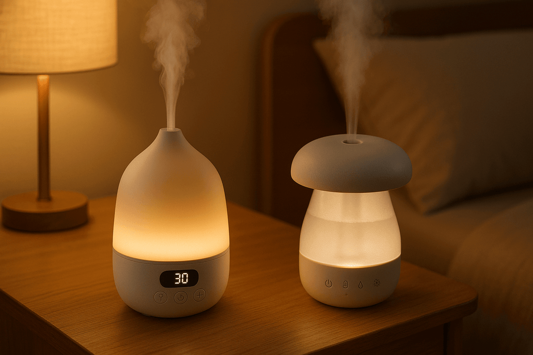 smart sleep devices diffuser and humidifier on a wooden bedside table with warm light