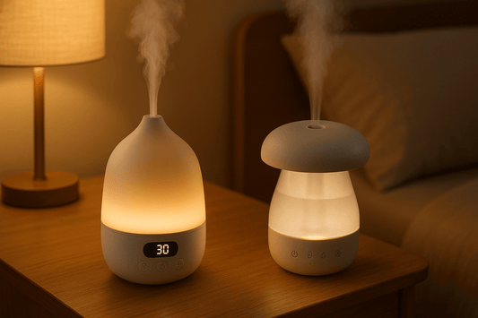 smart sleep devices diffuser and humidifier on a wooden bedside table with warm light
