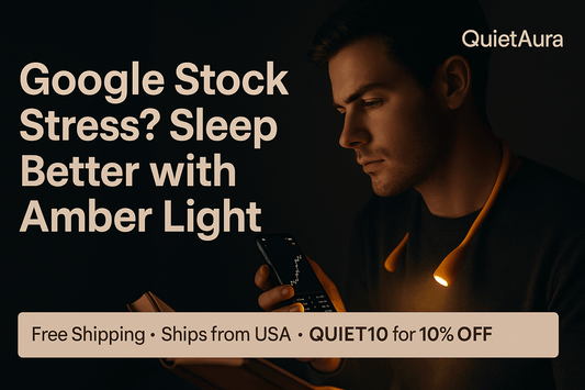 Person checking Google stock at night while using a hands-free amber neck reading light; warm glow reduces blue light and eye strain. Free Shipping, ships from USA.