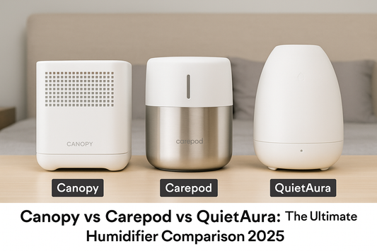 Canopy vs Carepod vs QuietAura humidifier comparison showing three different sleep humidifiers side by side for bedroom use