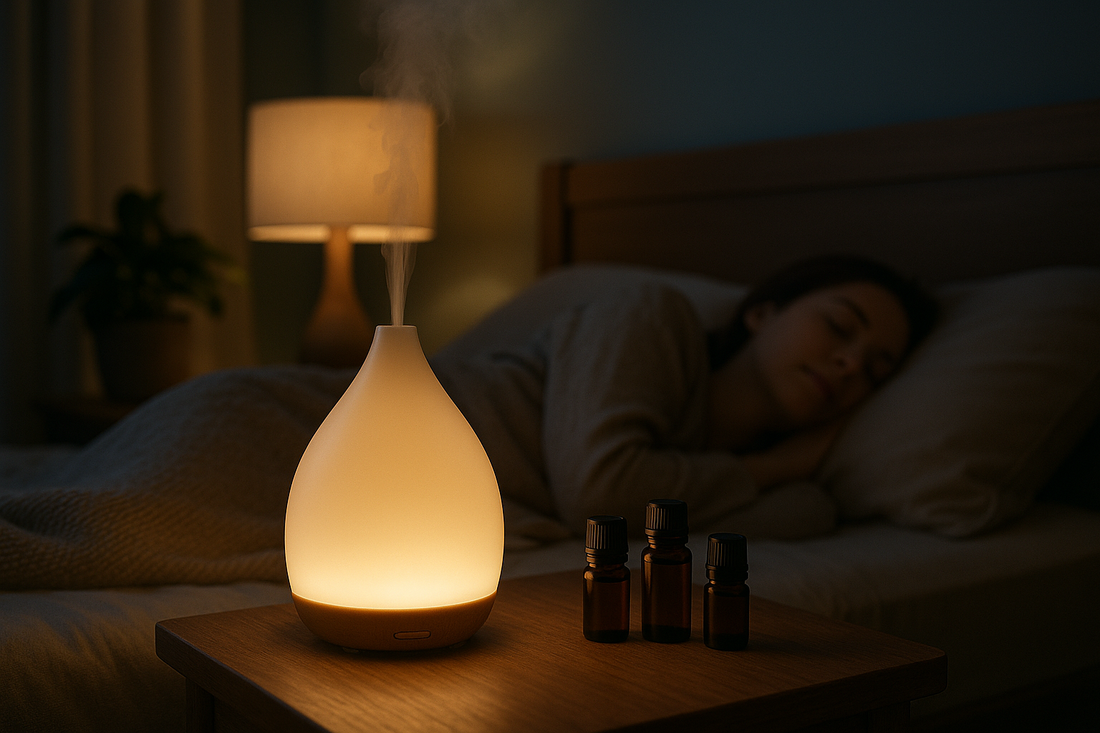 Aromatherapy diffuser on bedside table with soft mist for better sleep