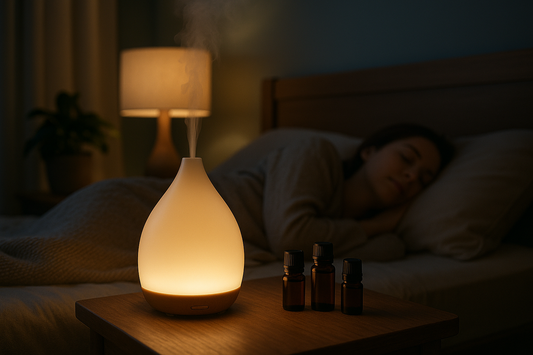 Aromatherapy diffuser on bedside table with soft mist for better sleep