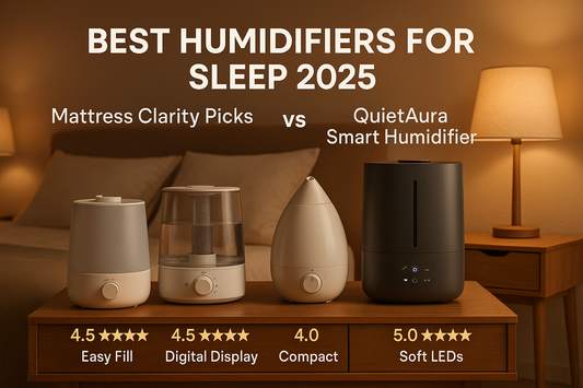 Best humidifiers for sleep 2025 comparison showing Mattress Clarity picks versus QuietAura smart humidifier on bedside table