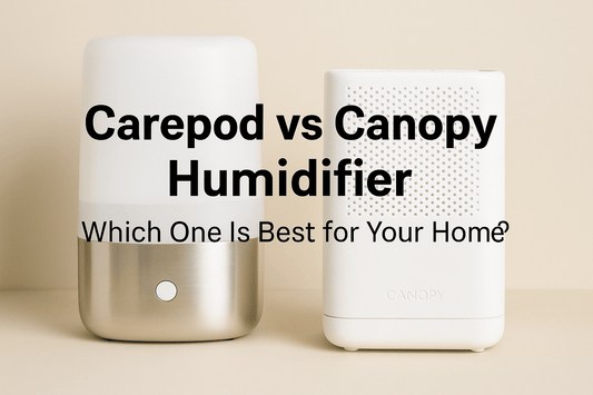 Featured blog banner image showing Carepod humidifier (sleek silver base, frosted top) vs Canopy humidifier (white, compact design) with text overlay "Carepod vs Canopy Humidifier – Which One Is Best for Your Home?
