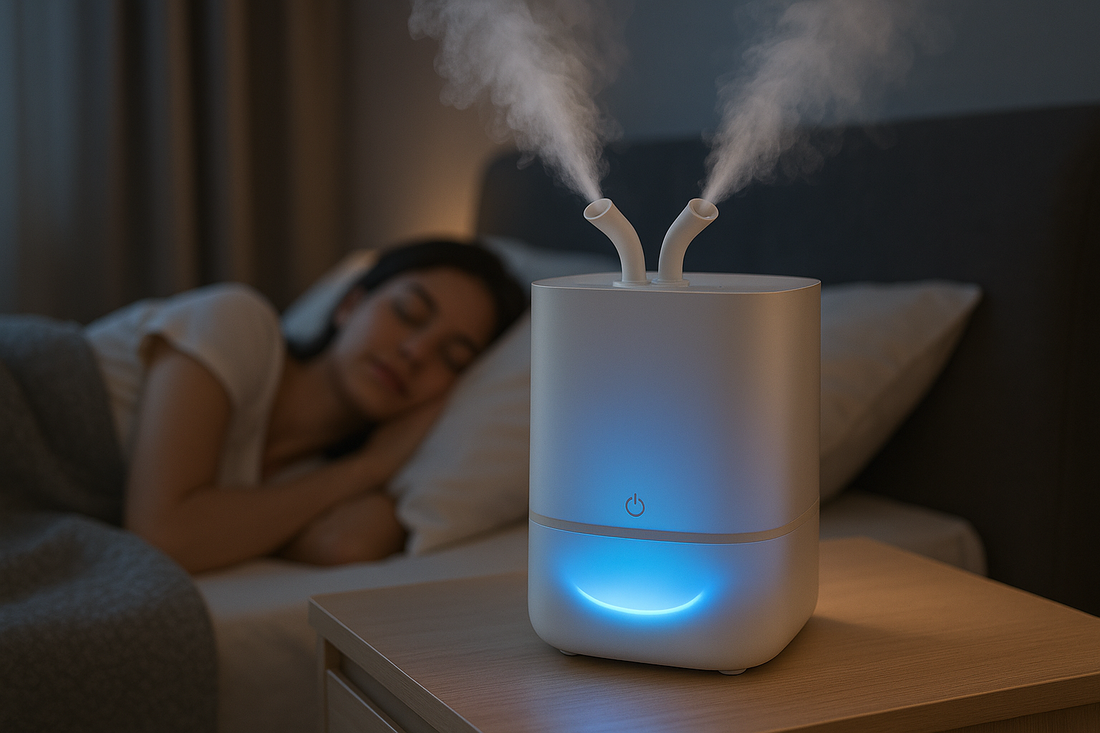 Cool mist ultrasonic humidifier with dual nozzles in peaceful bedroom