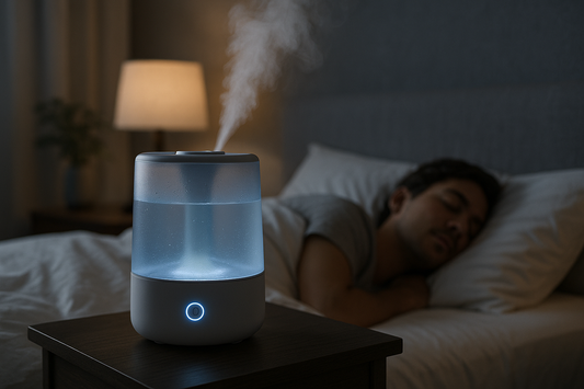 Cool mist ultrasonic humidifier creating gentle mist in bedroom at night