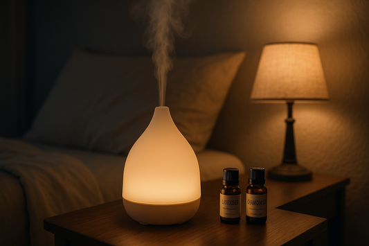 Essential oil diffuser on bedside table with lavender and chamomile oils creating calming mist for better sleep at night