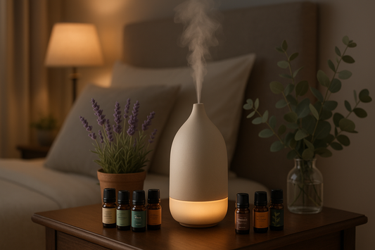Essential oil diffuser with lavender and eucalyptus oils on bedroom nightstand