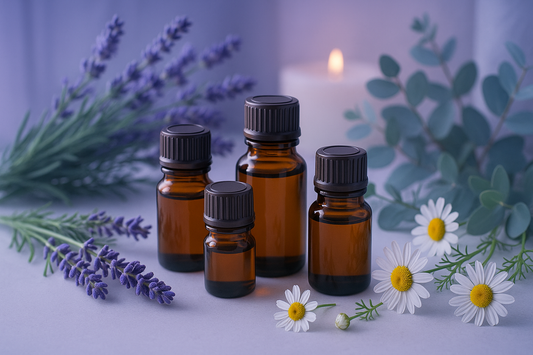 Essential oil bottles with lavender and chamomile for sleep and relaxation
