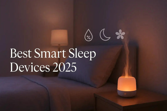 Minimalist bedroom with smart diffuser glowing and visible mist, symbolizing best smart sleep devices for 2025.