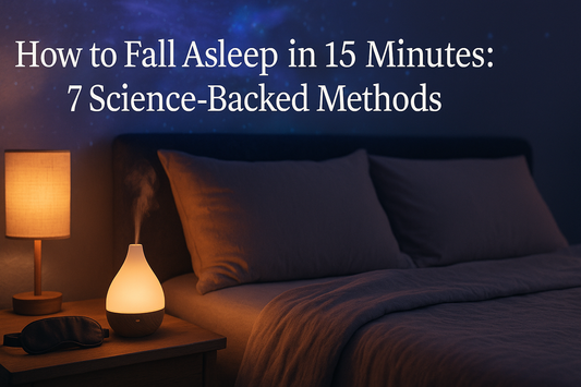 Peaceful bedroom with sleep mask, aromatherapy diffuser, and ambient lighting for falling asleep fast