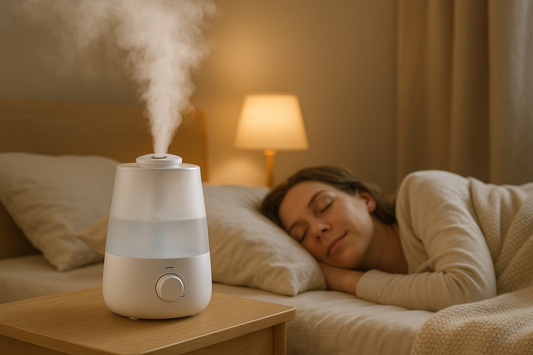 Humidifier on nightstand providing sinus relief for peaceful sleep