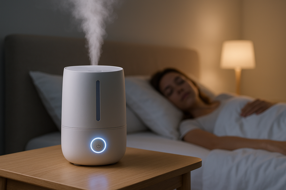 Ultrasonic humidifier in peaceful bedroom creating optimal sleep environment