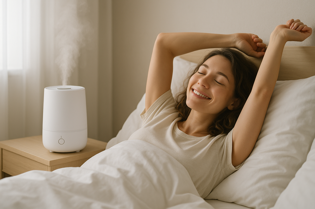 Person waking refreshed with humidifier preventing dry eyes overnight