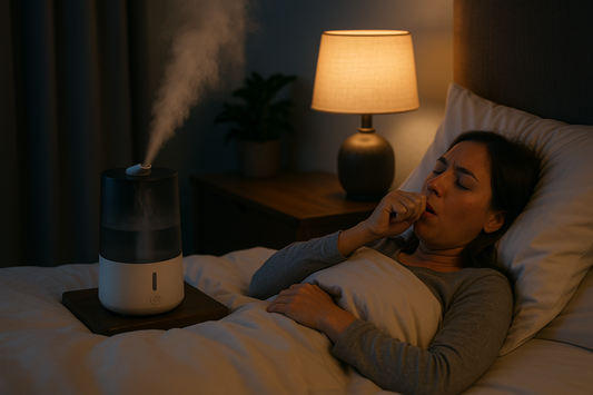 Person sleeping peacefully with humidifier relieving dry cough in bedroom