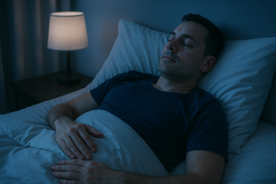 Person using military sleep method to fall asleep instantly in peaceful bedroom