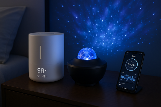 Modern sleep technology devices including smart humidifier and galaxy projector on nightstand