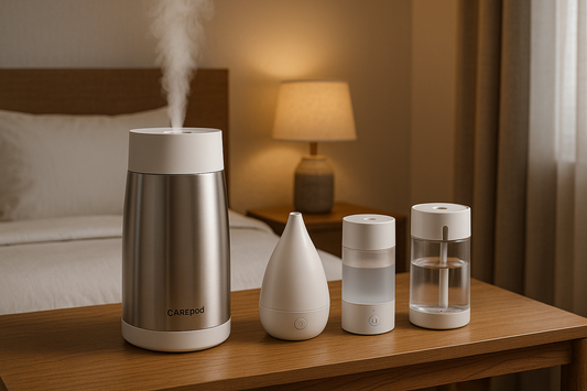 Carepod humidifier on a bedside table beside a bed, compared with smaller affordable alternatives in a soft-lit modern bedroom — premium humidifier lifestyle review scene.