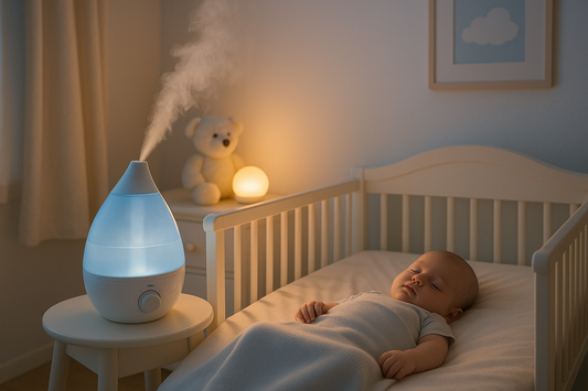 Safe cool mist humidifier in peaceful baby nursery with sleeping infant