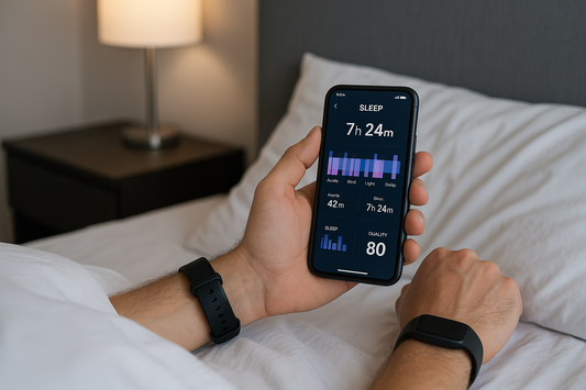 Person using smartwatch and smartphone app for sleep tracking and monitoring