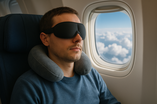 Person sleeping peacefully on airplane with 3D sleep mask and travel pillow