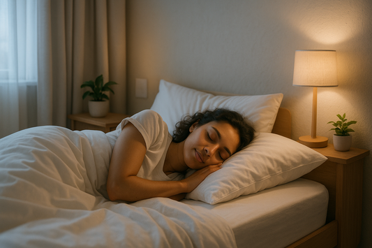 Person achieving sound sleep in peaceful bedroom with optimal sleep environment