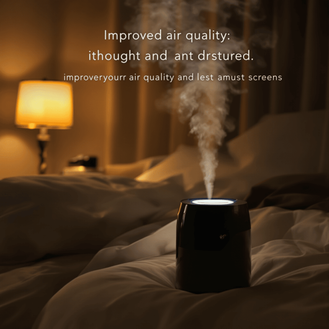 Cozy bedroom at night with warm lighting and a sleek humidifier releasing mist, creating a calm and comfortable atmosphere for restful sleep.