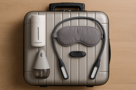 Travel accessories including portable humidifier, sleep mask, and car diffuser