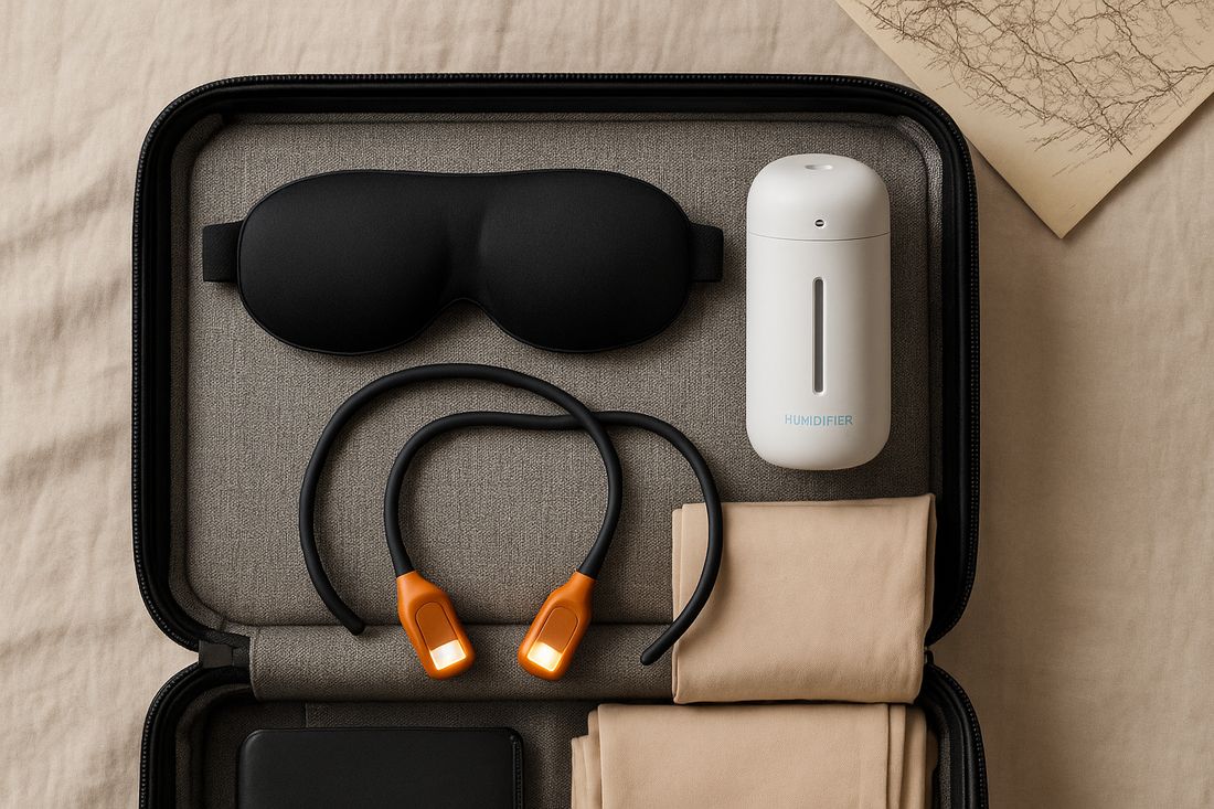 Travel essentials for better sleep including mask, humidifier, and reading light