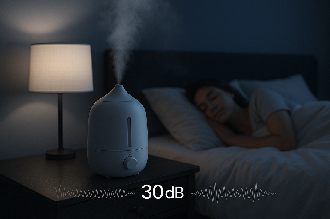 Whisper-quiet ultrasonic humidifier under 30dB for undisturbed sleep