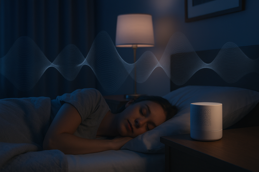 Peaceful bedroom with white noise sound waves helping person sleep soundly