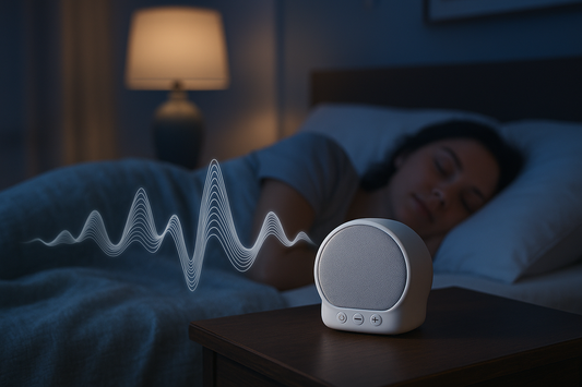 White noise machine with sound waves helping person achieve peaceful sleep