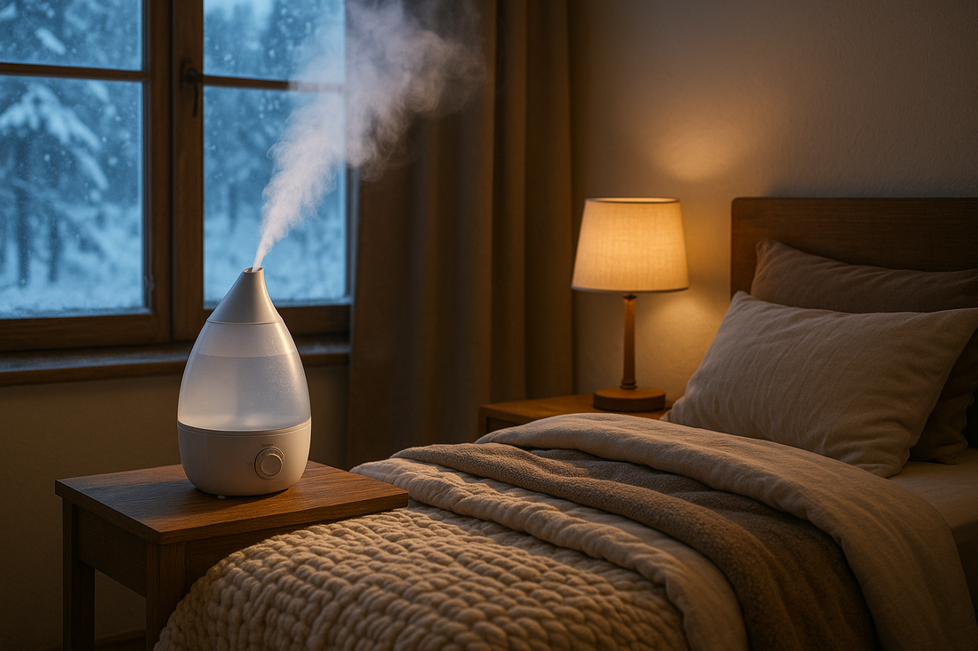 Humidifier creating comfortable moisture in cozy winter bedroom with snowy window
