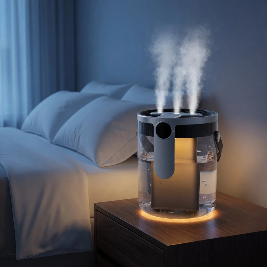 1.5L Triple Jet Humidifier in gray with nano mist and warm ambient lighting on a nightstand in a modern minimalist bedroom