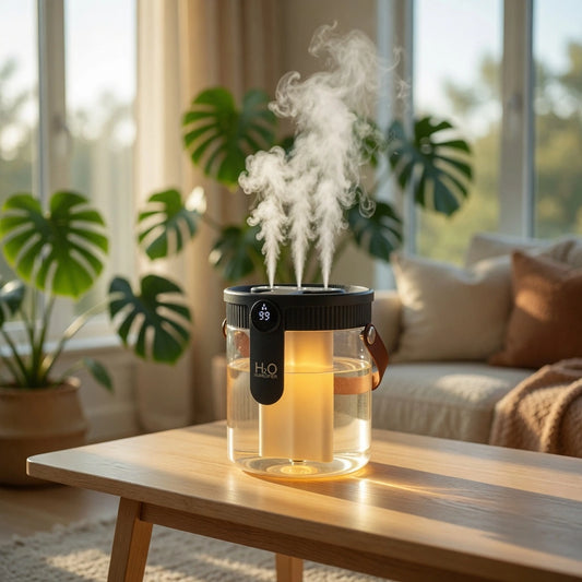 Humidifier on a wooden table with plants and a couch in the background