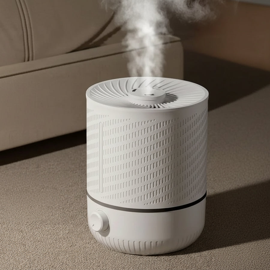 White humidifier with text highlighting features on a carpeted floor.