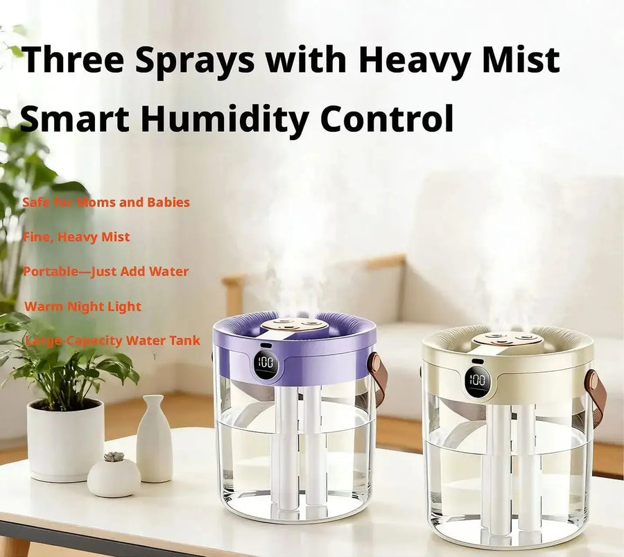 Upgraded 3 Spray Nozzle Humidifier Large Mist Silent Portable Handheld Desktop Air Purifier Home Bedroom Office Mini Humidifier QuietAura