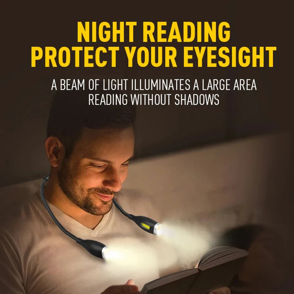 Person reading a book with a neck-mounted light, text about eye protection and light beam.
