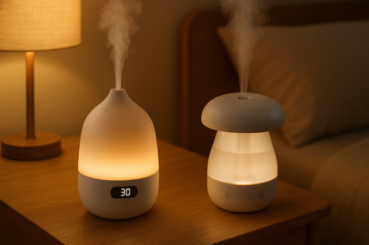 smart sleep devices diffuser and humidifier on a wooden bedside table with warm light