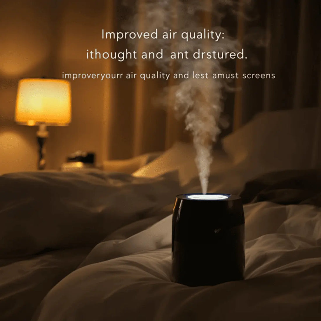 Cozy bedroom at night with warm lighting and a sleek humidifier releasing mist, creating a calm and comfortable atmosphere for restful sleep.