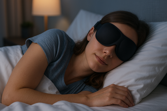Person sleeping comfortably on side with 3D contoured sleep mask