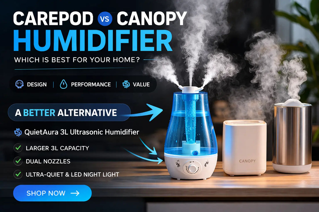 Carepod vs Canopy humidifier comparison featured image with QuietAura 3L ultrasonic humidifier shown as a better alternative