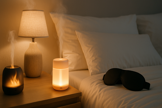A cozy bedroom scene with a USB humidifier and aromatherapy diffuser releasing gentle mist beside a warm bedside lamp, while a black 3D sleep mask rests on white bedding — symbolizing QuietAura’s calm and restful sleep experience.