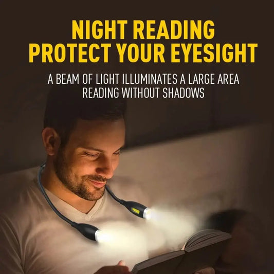 a man using a ekkia Rechargeable-Neck-Reading-Light-Amber,Book-Light for Reading in Bed,3 Colors,8LED,Adjustable Brightness Levels,Bendable Arms,Long Lasting.Perfect for Bookworms  reading a book