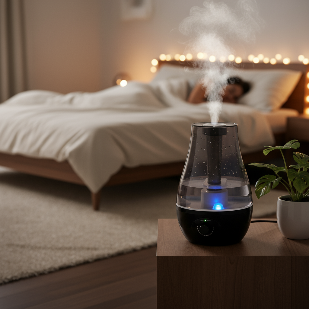 Best humidifier for bedroom 2026 - ultrasonic cool mist humidifier on nightstand creating peaceful sleep environment with LED light