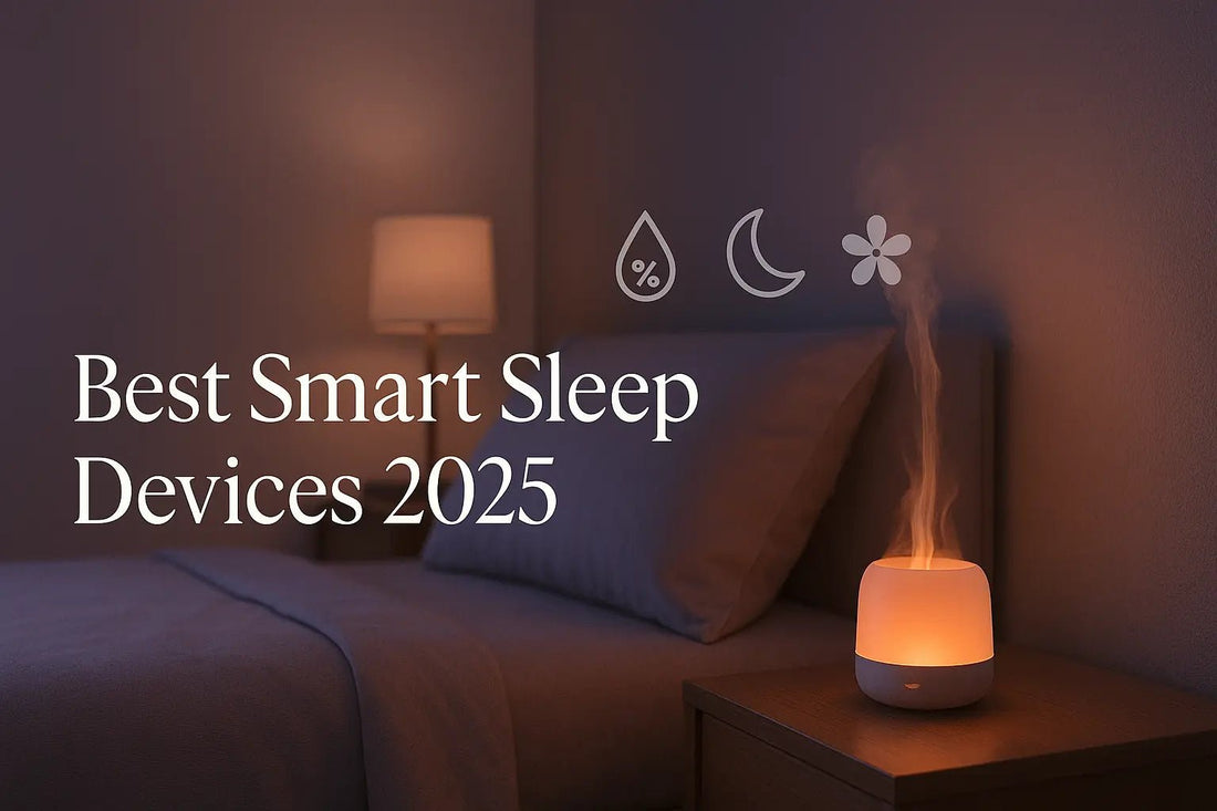 Minimalist bedroom with smart diffuser glowing and visible mist, symbolizing best smart sleep devices for 2025.