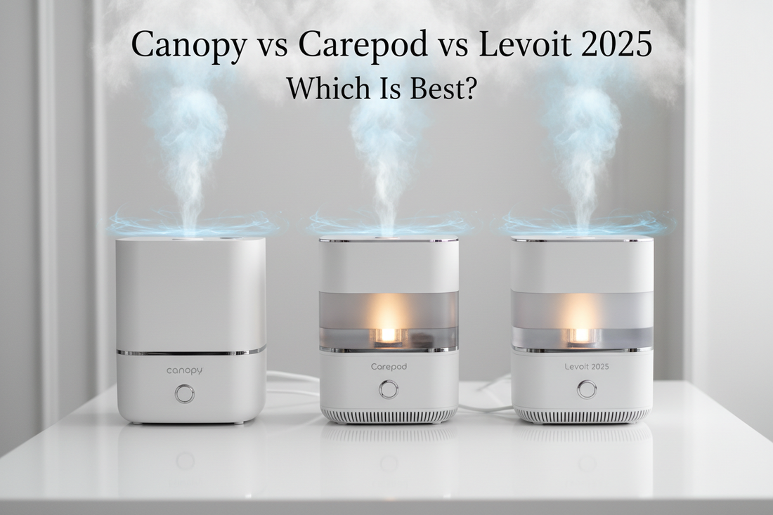 Canopy vs Carepod vs Levoit 2025 comparison showing three premium humidifiers side by side with LED lights and modern design, expert review