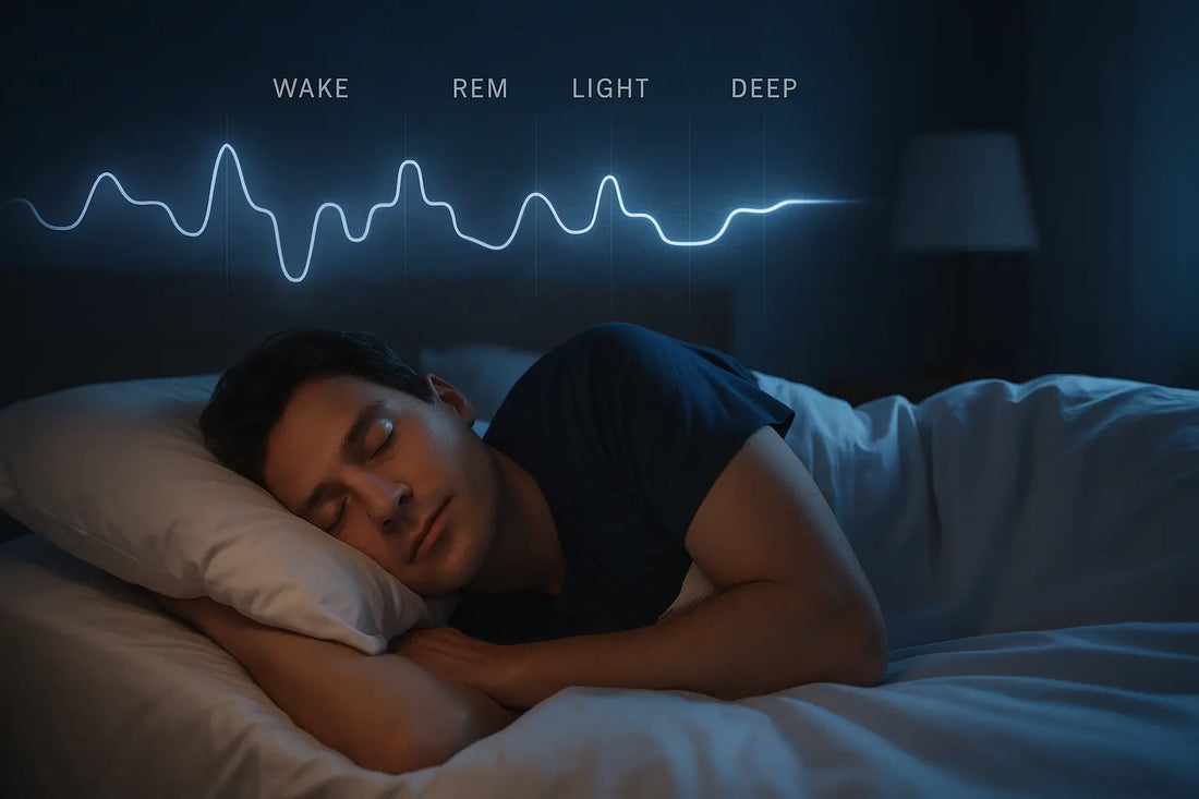 Deep sleep stages visualization showing REM sleep cycles and restorative sleep phases for better sleep quality and wellness