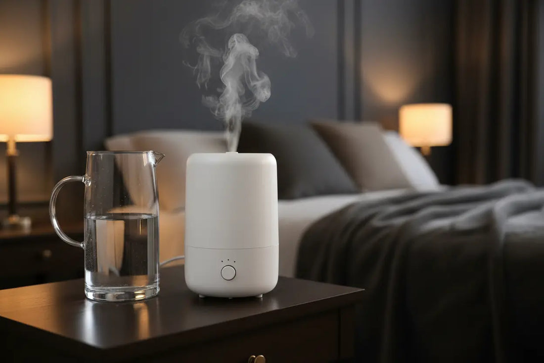 Distilled water for humidifier — QuietAura 3L ultrasonic humidifier with clean water on bedroom nightstand
