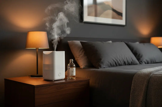 Do humidifiers need distilled water — QuietAura ultrasonic humidifier with water bottle on nightstand